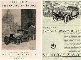 Reklamy na luxusní vůz Škoda Hispano-Suiza z časopisů z doby první republiky