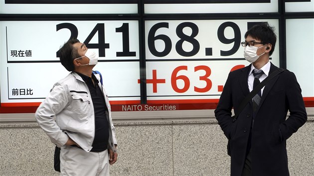 Muži v rouškách stojí před tabulí ukazující japonský index Nikkei 225 v obchodě s cennými papíry v Tokiu. (6. listopadu 2020)