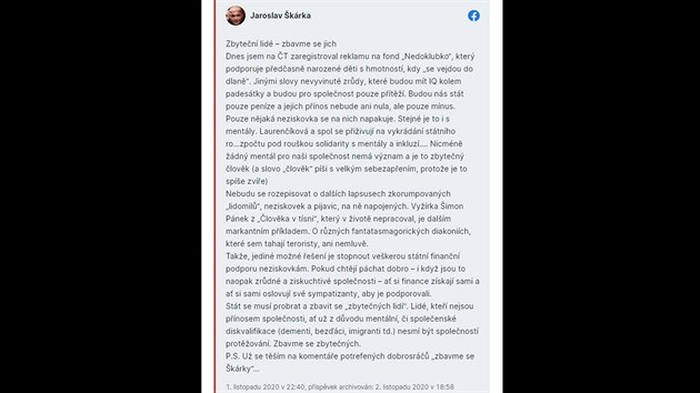 Bývalý poslanec Jaroslav Škárka pobouřil svým příspěvkem na Facebooku (1. listopadu 2020)