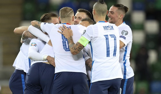 Fotbalisté Slovenska se radují z gólu v zápase se Severním Irskem.