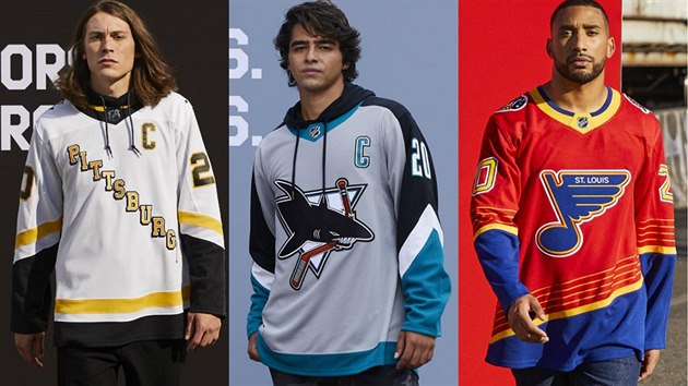 Nov dresy pro NHL ze srie Reverse Retro z dlny exkluzivnho vrobce Adidas. Na snmku trikoty Pittsburghu, San Jose a St. Louis.