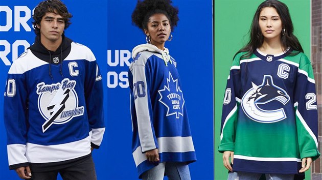 Nov dresy pro NHL ze srie Reverse Retro z dlny exkluzivnho vrobce Adidas. Na snmku trikoty Tampy Bay, Toronta a Vancouveru.