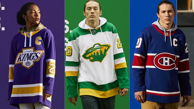 Nov dresy pro NHL ze srie Reverse Retro z dlny exkluzivnho vrobce Adidas. Na snmku trikoty Los Angeles, Minnesoty a Montrealu.