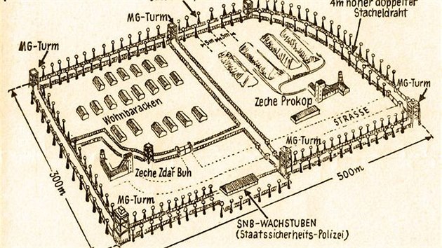 Plán šachty a tábora Prokop, nejstaršího tábora u Horního Slavkova, který byl publikován v západoněmeckém tisku.