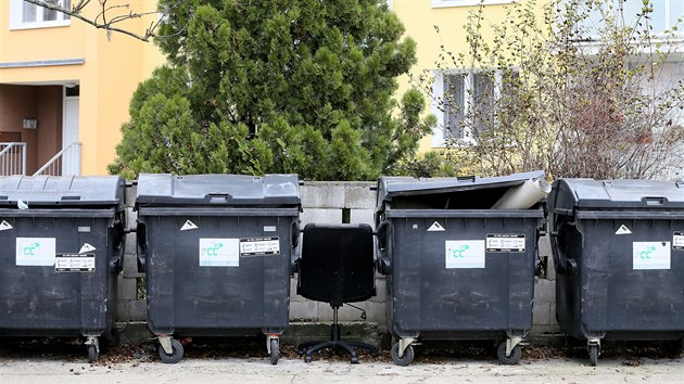 Uložení odpadu ve sběrném dvoře mají obyvatelé zdarma. I tak mnoho z nich nechává objemné odpady u popelnic. Snímek z ulice Vrchlického.