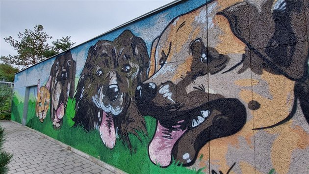 Venkovní stěnu u parkoviště útulku Městské policie Brno zdobí malba tří psů a kočky. Autorem je mladý výtvarník Klement Šacher.