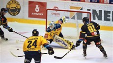 Branká host Libor Kaík zasahuje hokejkou proti anci Litvínova.