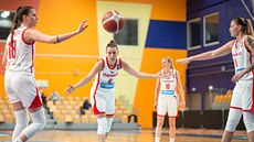 eská basketbalistka Lenka Bartáková (uprosted) pi trestném hodu, povzbuzují...