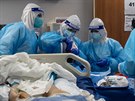 Zdravotníci oetují pacienta s koronavirem na jednotce intenzivní pée v...