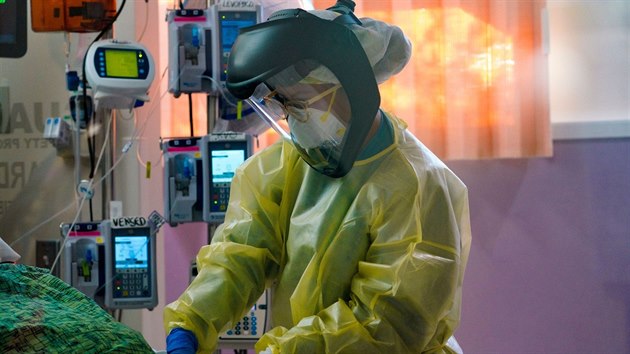 Sestra na jednotce intenzivn� p��e se ve m�st� Chula Vista v Kalifornii star� o pacientku s koronavirem. (24. listopadu 2020)