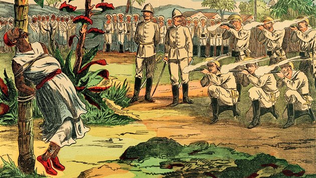 Zobrazen popravy vdce arabskho povstn Buschiria (15. prosince 1889) ped zraky guvernra Nmeck vchodn Afriky Hermanna von Wissmanna.