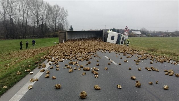 Z převráceného náklaďáku mezi obcemi Lípa nad Orlicí a Čestice na Rychnovsku se vysapala na silnici hromada řepy. (25.11.2020).