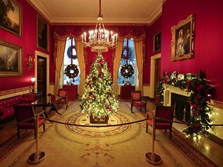 The Red Room of the White House is decorated during the 2020 Christmas preview,...