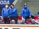 Asistent koue plzeských hokejist Jií Hanzlík (zcela vpravo) sleduje utkání.