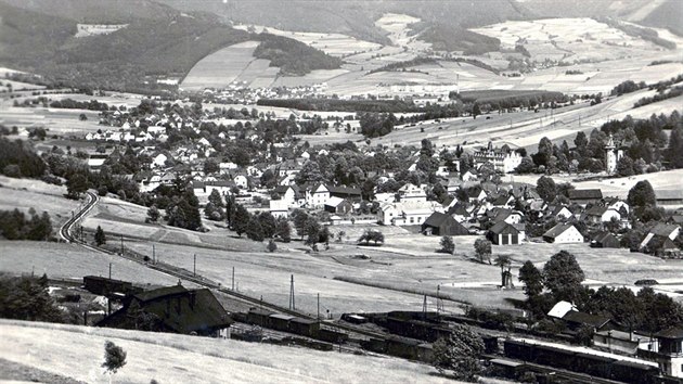 Stanice Doln Lipov na pohlednici z roku 1934. Tra vlevo dole vede do Javornku, tra nad n do Jesenku.