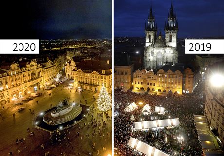 Srovnání potu turist na praském Staromstském námstí v prosinci 2019...