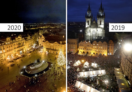Srovnání počtu turistů na pražském Staroměstském náměstí v prosinci 2019...
