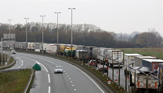 Ve francouzském pístavu Calaisse tvoí dlouhé koly nákladních aut, jak se...
