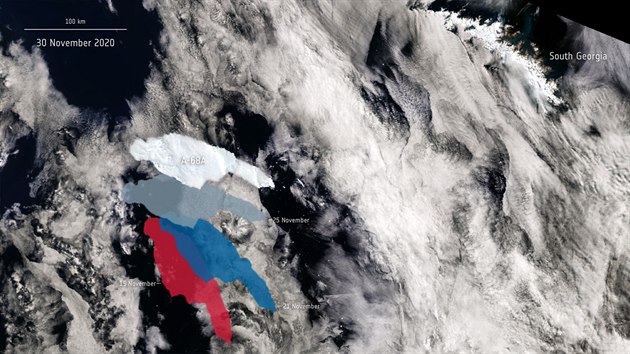 Obří ledova kra nazvana A-68 se pomalu posouvá k ostrovu Jižní Georgie v jižním Atlantském oceánu. (10. prosince 2020)