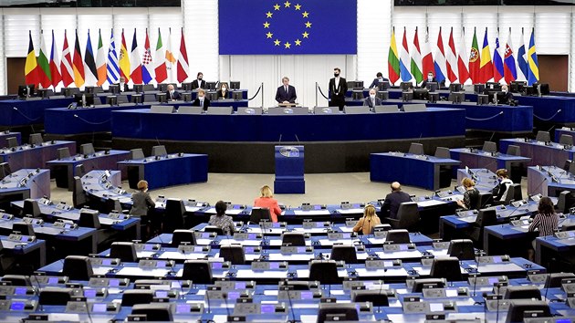 Předseda Evropského parlamentu David-Maria Sassoli (uprostřed) zahajuje plenární zasedání ve francouzském Štrasburku. (14. prosince 2020)