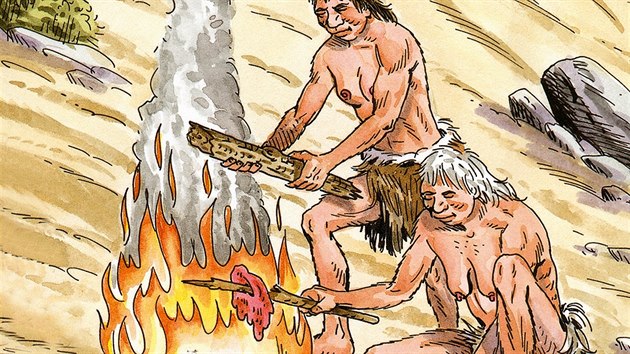 Ilustrace vaření na ohni v paleolitu