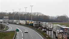 Ve francouzském přístavu Calaisse tvoří dlouhé koly nákladních aut, jak se...