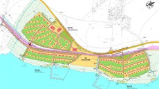 Mapa zna�í plány v lokalit� Karlovy Dvory. �erven� je vyzna�ená nová zástavba.