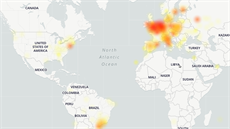 Mapa oblastí, ze kterých lidé hlásili výpadek (13:05, 14. prosince 2020)