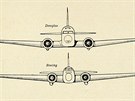 Porovnávací nárt elních pohled na Boeing 247 (dole) a Douglas DC-2 pevzatý...