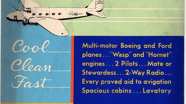 Reklamn plakt leteck spolenosti United Air Lines s letounem Boeing 247