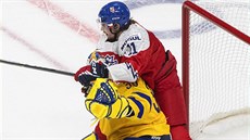eský útoník Jaromír Pytlík v brankoviti se védským gólmanem Hugem Alnefeltem