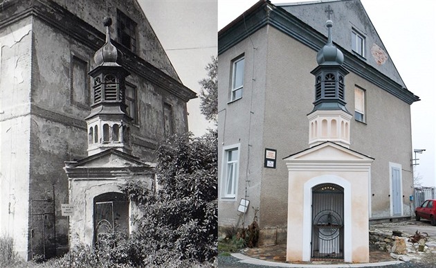 Srovnání stavu stav kaple svatého Floriána v Lutín na Olomoucku v 80. letech...
