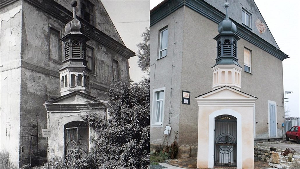 Srovnání stavu stav kaple svatého Floriána v Lutíně na Olomoucku v 80. letech...