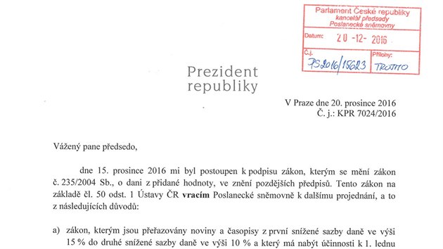 Veto prezidenta Miloe Zemana k novele zkona o PPH, kter Snmovna v roce 2017 pehlasovala.