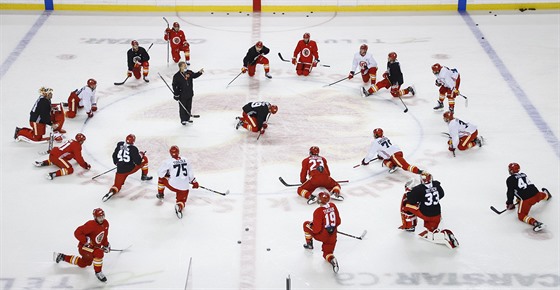 Kou Calgary Flames head coach Geoff Ward rozdv pokyny hrm bhem trninku...