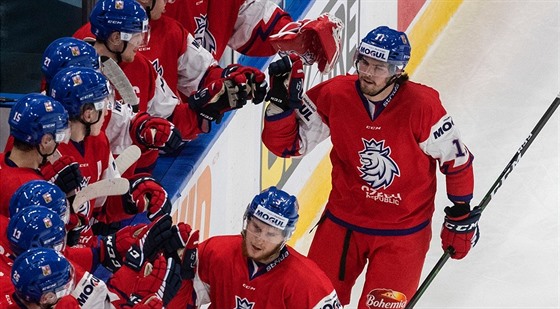 Michal Teplý (vpravo nahoře) oslavuje se spoluhráči gól před MS juniorů.