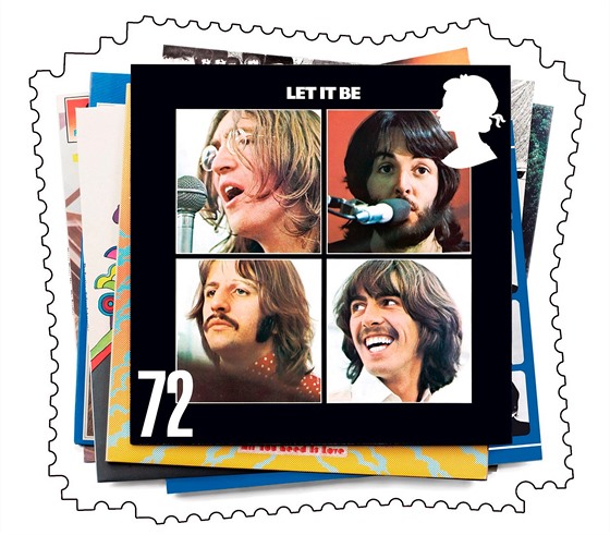 Britská potovní známka vyobrazující obal alba Let It Be, které Beatles vydali...