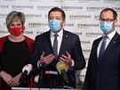 Vra Kováová, Vít Rakuan a Jan Farský na tiskové konferenci hnutí Starost a...