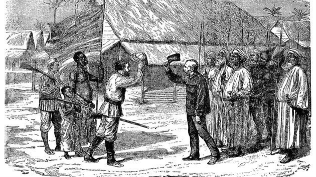 Dobová ilustrace scény, kdy Henry Stanley našel Davida Livingstona poblíž jezera Tanganika.
