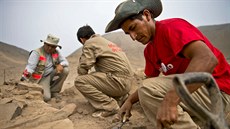 Archeologové pracují na naleziti v peruánsnkém Caralu.