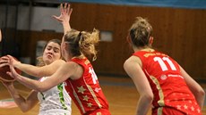 Rozehráva�ka ostravských basketbalistek Eli�ka Kubí�ková se sna�í probít ke...