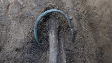 Archeologové na�li u Mo�ic mimo jiné hrob se zaoblenými rohy se zbytky kostry...