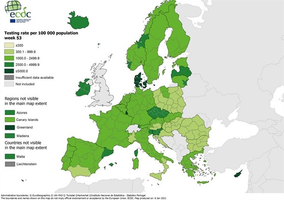 Mapa Evropy podle provedených test na sto tisíc obyvatel v 53. týdnu roku 2020.