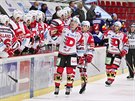 Hokejisté Pardubic slaví gól v zápase proti eským Budjovicím.