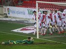 Slávisté se radují z gólu, který proti Olomouci vstelil z doráky vlastního...