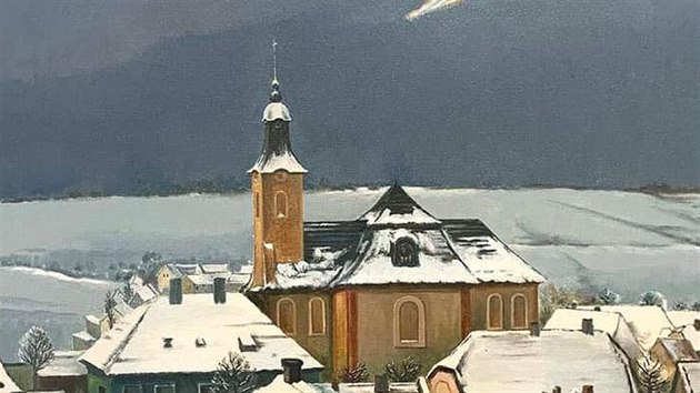 Obraz zimních Lidic s opuštěnými sáňkami od Jiřího Bohdaneckého. Nabízí pohled na střed původní obce z míst, kde se 17. ledna 2021 sáňkovalo.