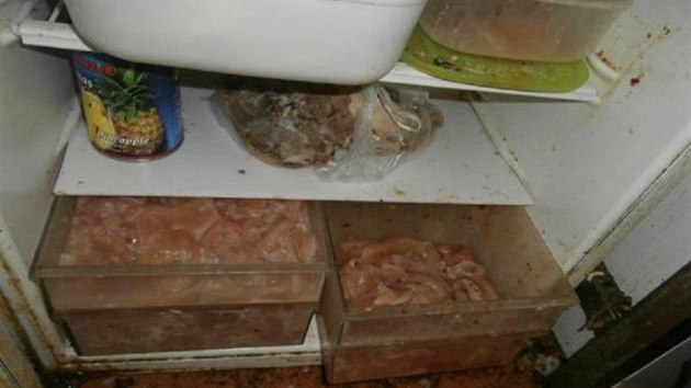 Skladování masa v otevřených nádobách ve znečištěné lednici, které odhalili inspektoři Státní zemědělské a potravinářské inspekce.