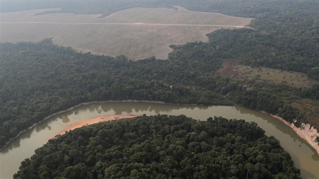 Odlesňování amazonského pralesa v jeho brazilské části u města Porto Velho (14. srpna 2020)