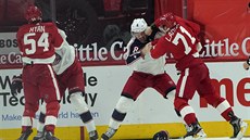 BITKA. Dylan Larkin (vpravo) z Detroitu a Zach Werenski z Columbusu.