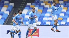 Fotbalisté Neapole se radují ze vsteleného gólu v zápase proti Fiorentin.